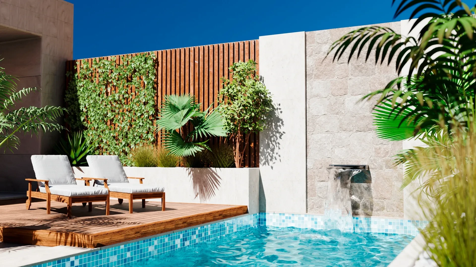 Modern luxury poolside courtyard with lounge chairs and tropical landscaping
